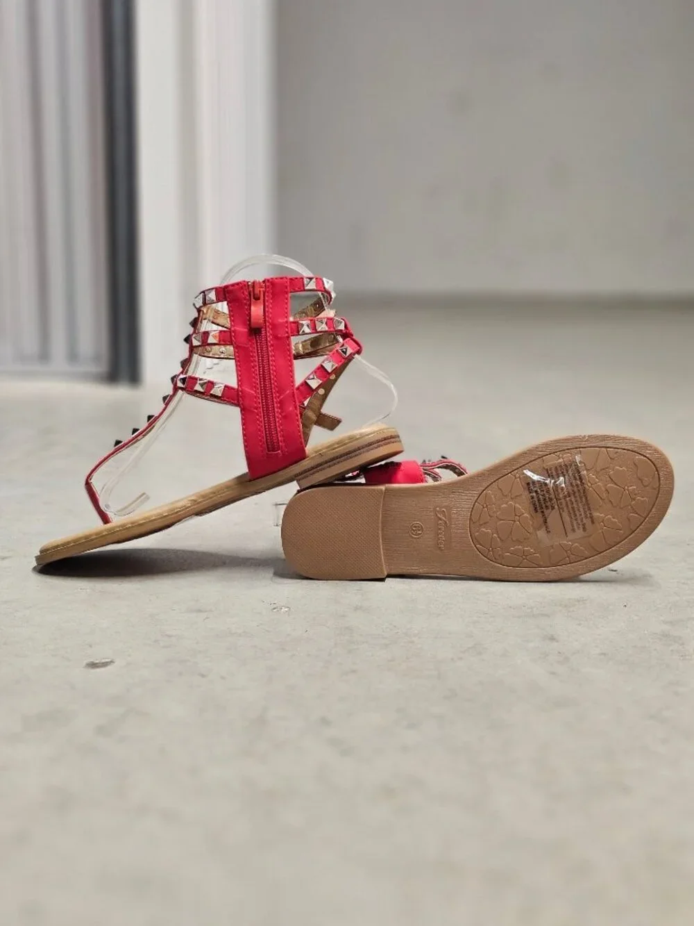 Red Gladiator Sandals With Studded Straps & Side Zipper For Women Flat Sole Comf